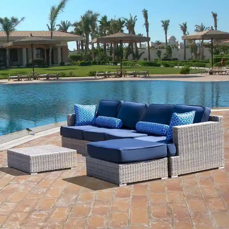 High-Density Polyethylene (HDPE) Wicker 6-Piece Fully Assembled Patio Couch Outdoor Sectional Sofa Set with Navy Blue Cushions