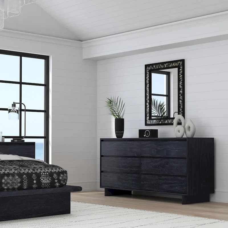 Washed Black / Walnut Brown / Blonde Oak Scandinavian 6-Drawer Wood Panel Dresser with Ball-Bearing Glides, 62 Inch