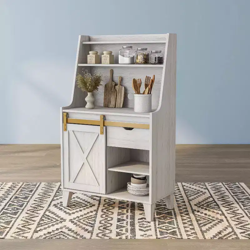 Downes Farmhouse Baker's Rack: Storage Drawer, 4 Shelves, White Oak - miBasics