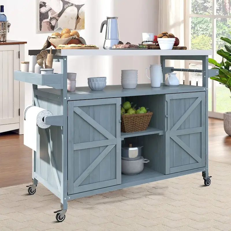 Vintage Stylish Wooden Kitchen Island with Stainless Steel Top, Indoor/Outdoor Use