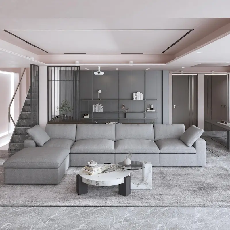 160.6 Modern Linen Sectional Sofa4-seater Modular Couch with Storage Ottoman for Living Room.