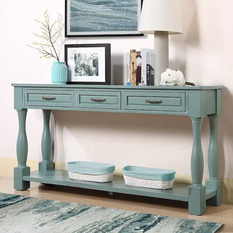 Solid Wood Console Table - Antique White/Blue/Navy/Espresso/Brown, Mid-Century Style, Multi-User