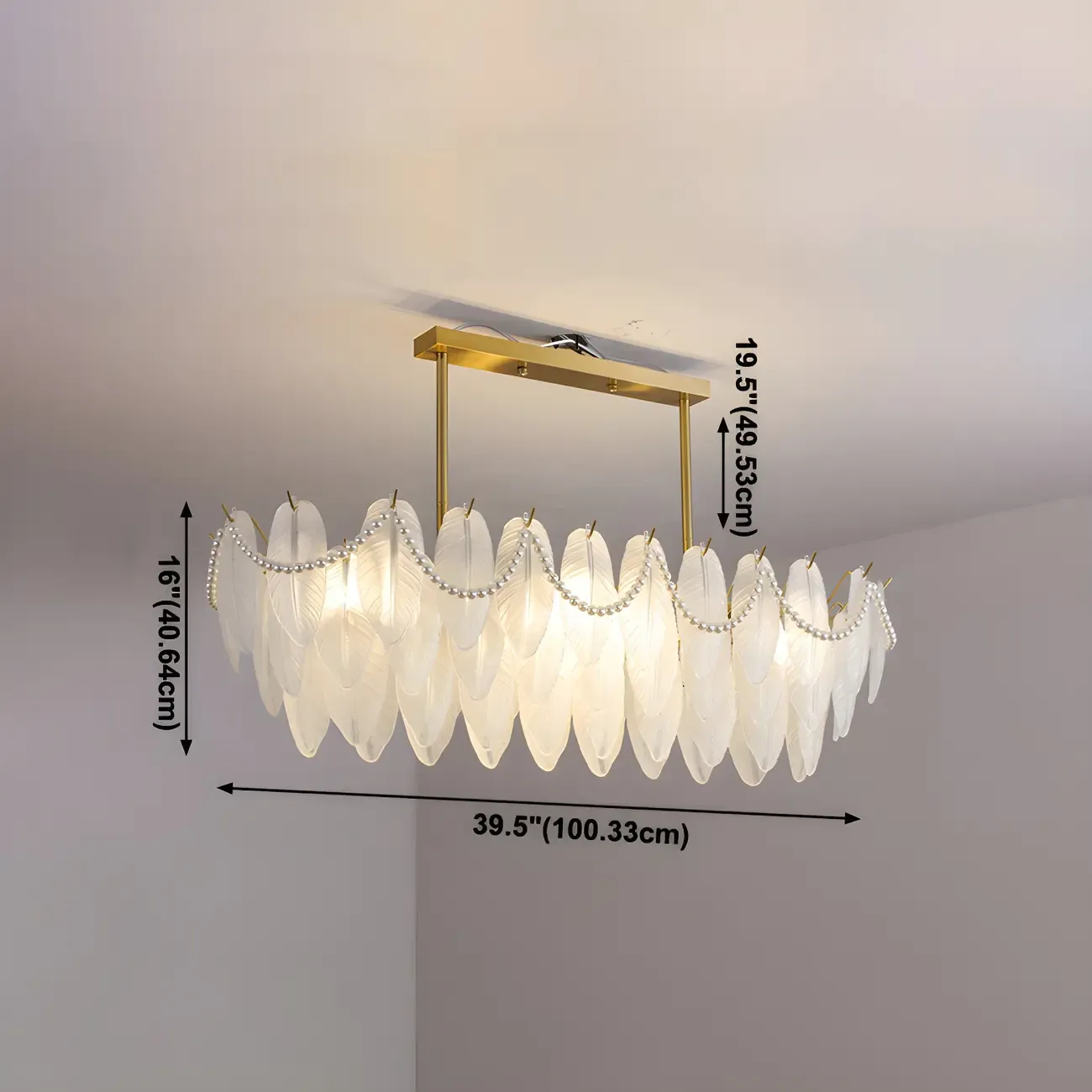 Adjustable Modern Glass Feather Island Chandelier in Gold