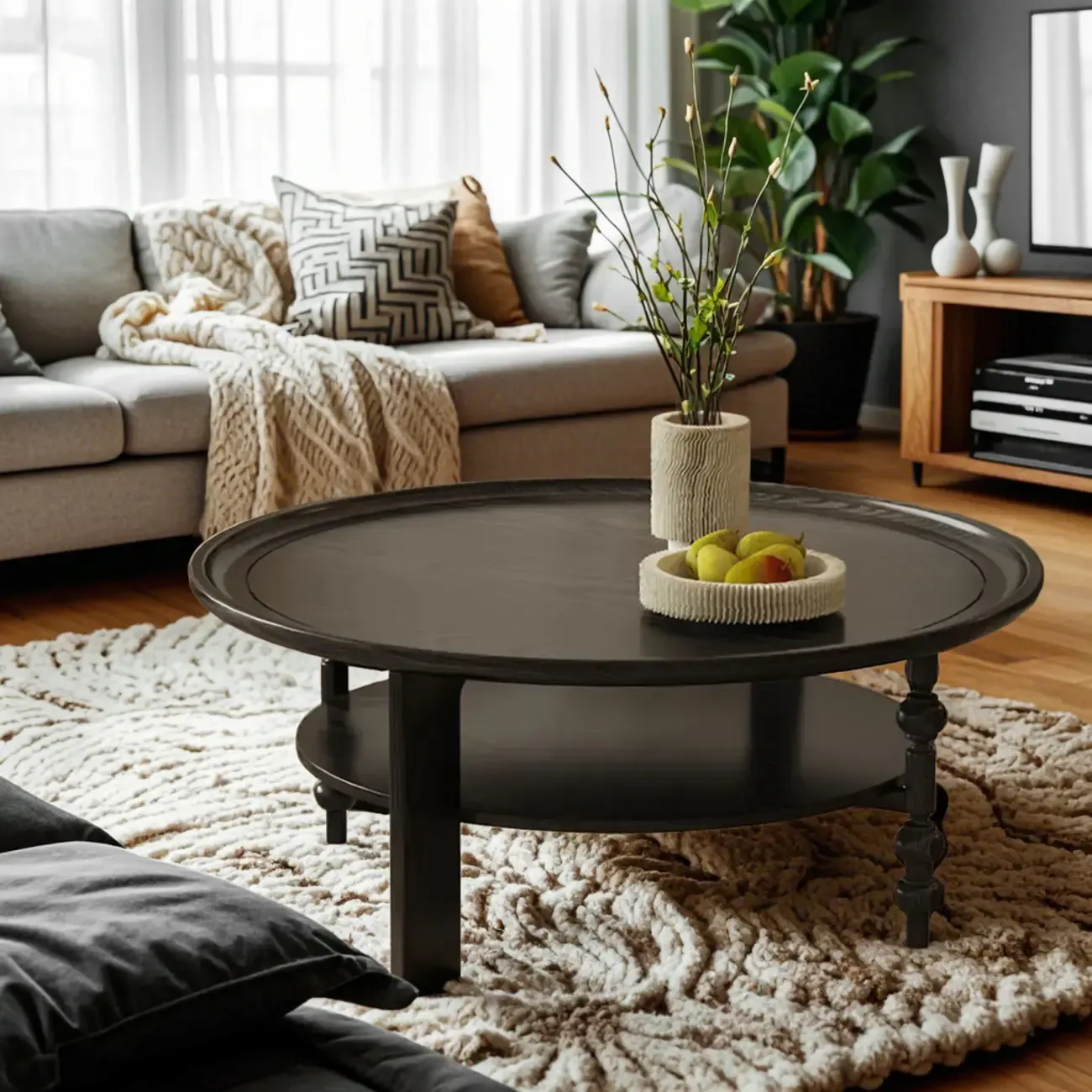 Vintage Wooden Round Coffee Table with Shelf & Tray Top