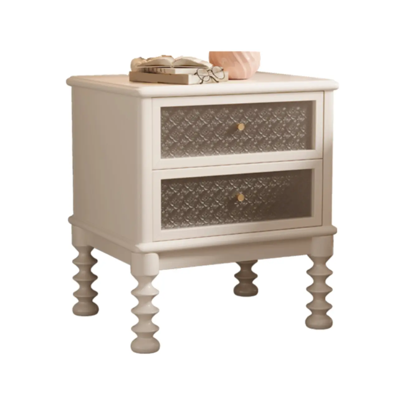 Vintage Solid Wood Patterned Finish Drawers Bedside Nightstand