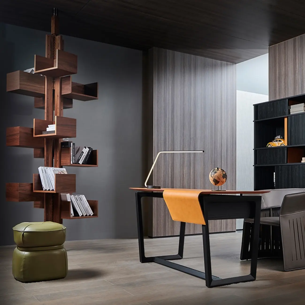 Swivel Vertical Nut Brown Wood Bookcase with Closed Back