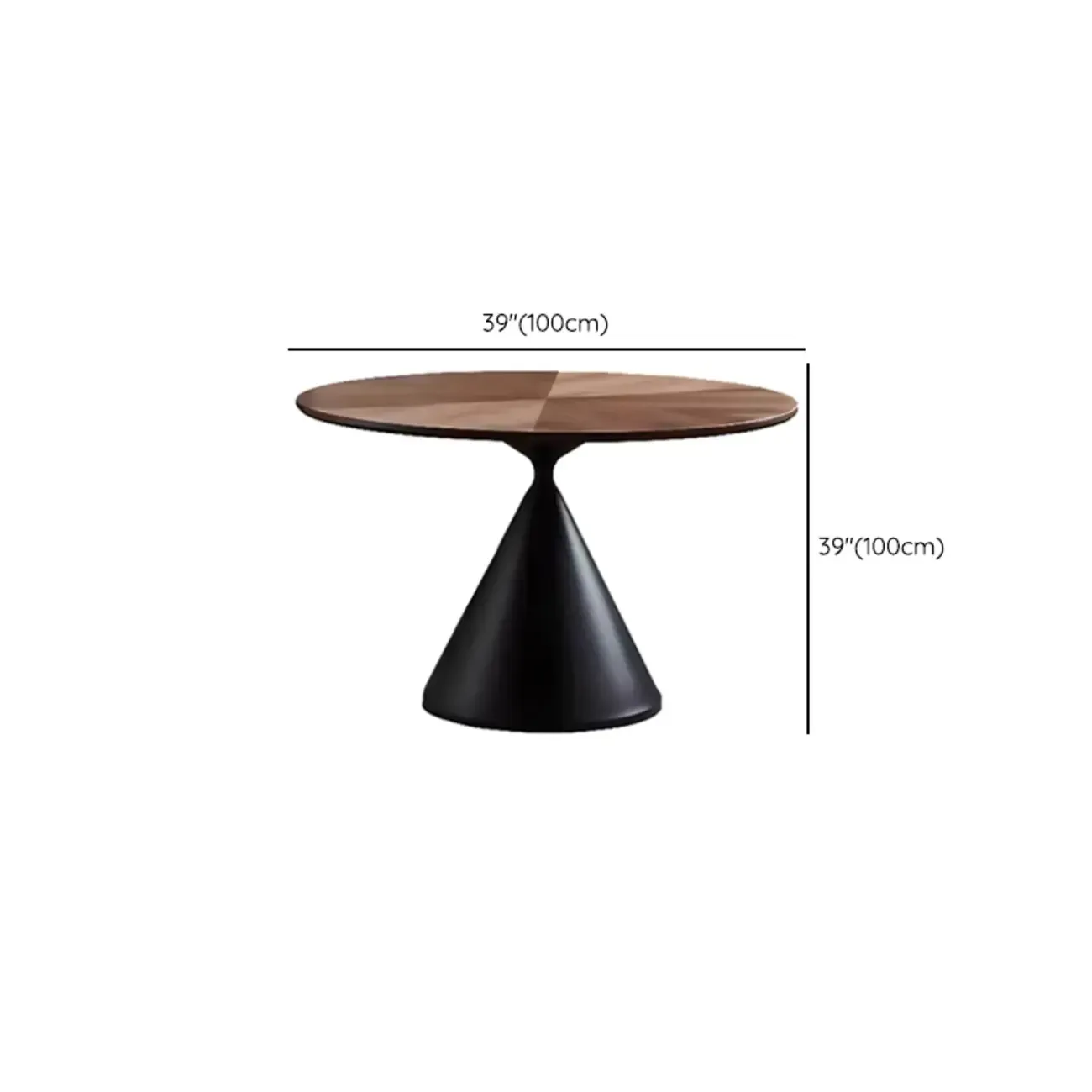 Modern Brown Round Wood Metal Cone Base Dining Table