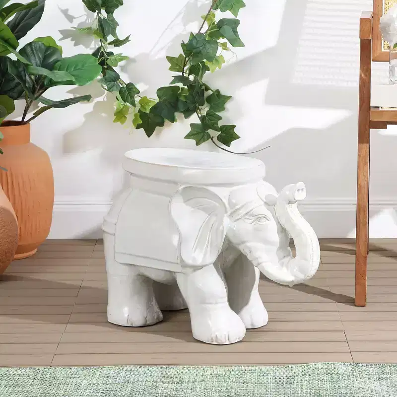 JONATHAN Y White Elephant 14.25 Ceramic Garden Stool/Accent Table
