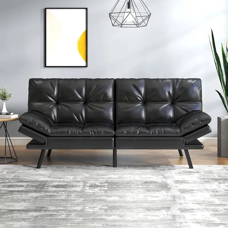 Black/Brown Faux Leather Convertible Futon Sofa Bed, Adjustable Splitback, Twin Size, 2-Person