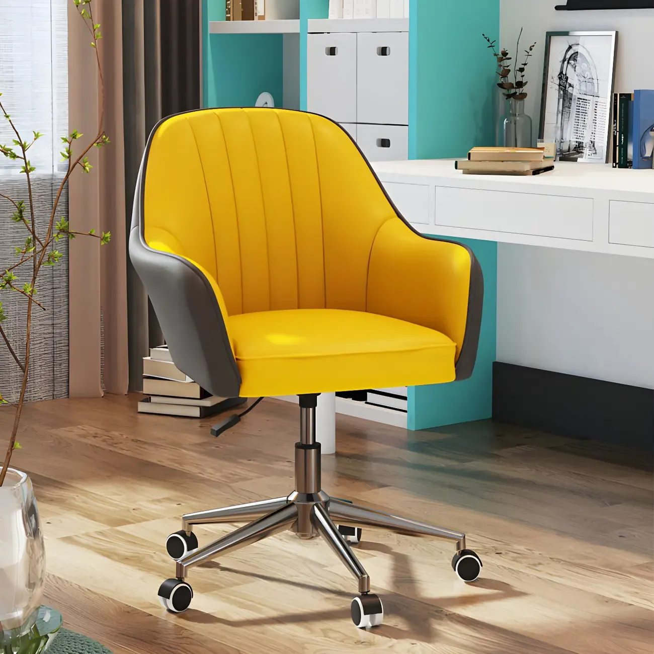 Modern Yellow Leather Swivel Office Chair