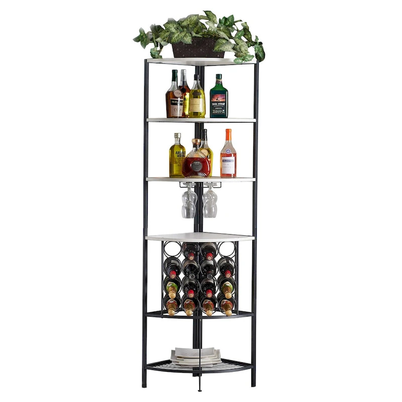 Corner Wine Rack with 4 Wood Shelves, 2 Stemware Racks and Wire Wine Rack