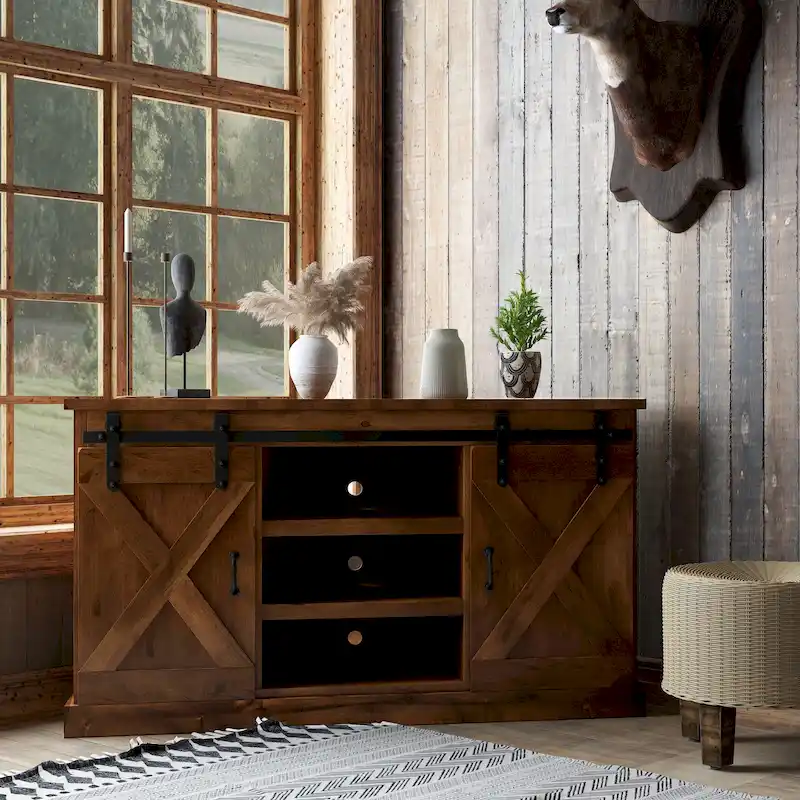 Bridgevine Home Farmhouse 56 inch Corner TV Stand for TVs up to 60 inches, No Assembly Required, Aged Whiskey Finish