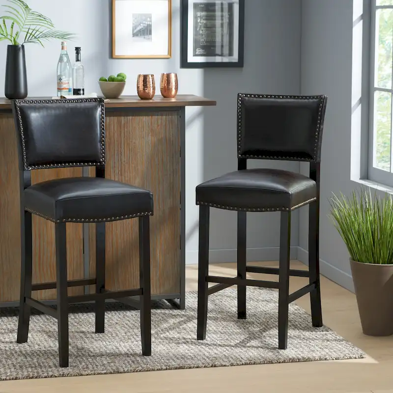 30.5  Modern Bar Stool with Leather Backrest Padded Seat, Nailhead Trim, Solid Wood Legs for Bar Dining Room Living Room Caf