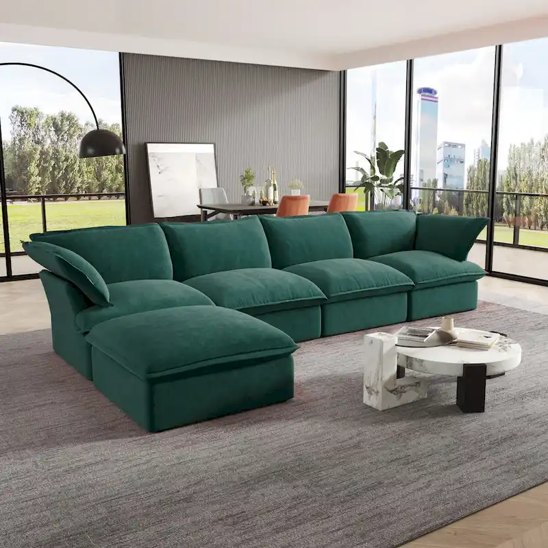 Cloud Sectional Sofa, 5-Seater Down Feather Modular Sofa L-shaped Velvet Wide Deep Seat Convertible Couch.