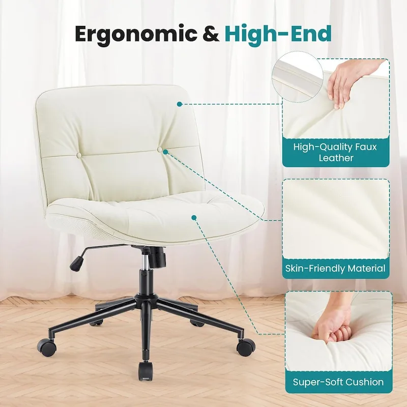 PU Leather Swivel Office Chair – Khaki / Beige / Black, Criss-Cross Base, Single User