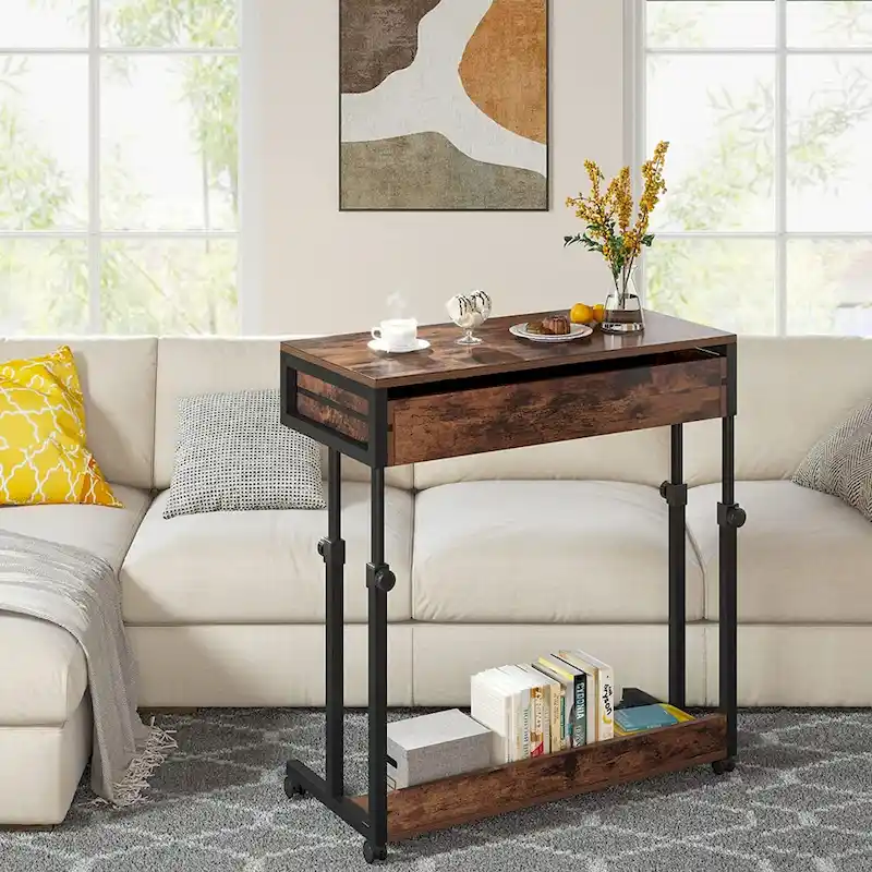 Height-Adjustable Side Table with Drawers and Wheels