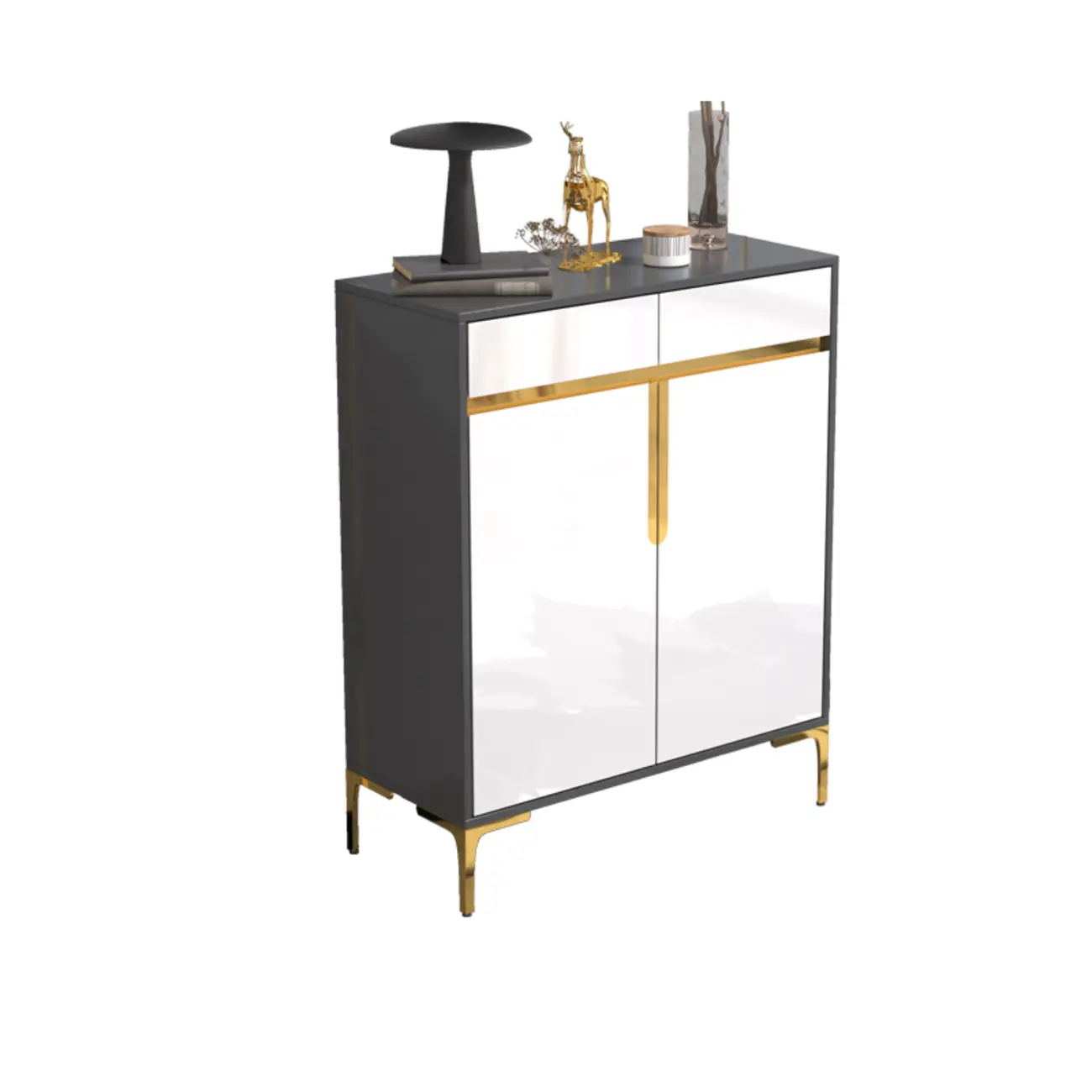 Entryway Wood Large Shoe Cabinet with Gold Accents