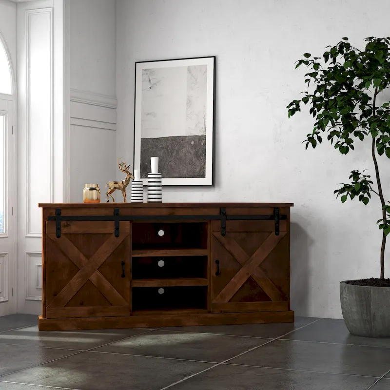 Bridgevine Home Farmhouse 66 inch Corner TV Stand for TVs up to 80 inches, No Assembly Required, Aged Whiskey Finish