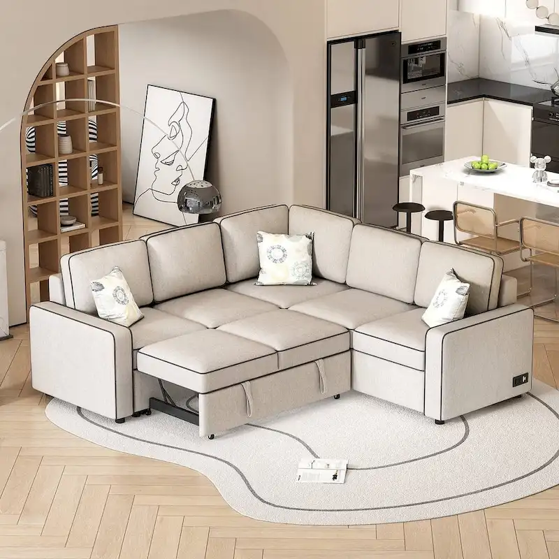 Brown/Cream/Grey L-Shaped Pull-Out Sofa Bed, Linen, Seats 3–4