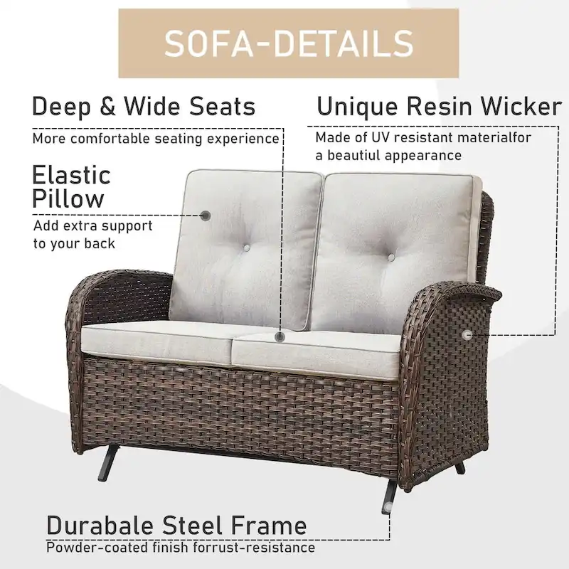 Patio Glider Rocking Chair with Sofa and Ottoman, Coffee Table - Brown