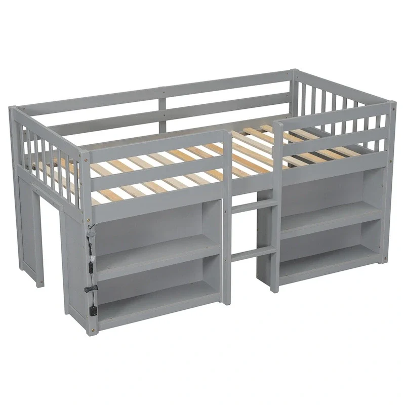Twin Size Wood Loft Bed with Two-Tier Shelves and LED Light