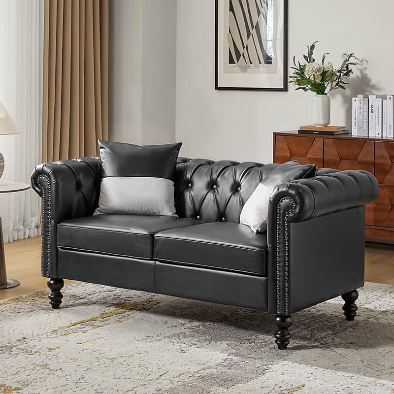 PU Leather Rolled Arm Loveseat with Button Tufting, Nailhead Trim & 2 Throw Pillows | Black / Camel | 2-Seat