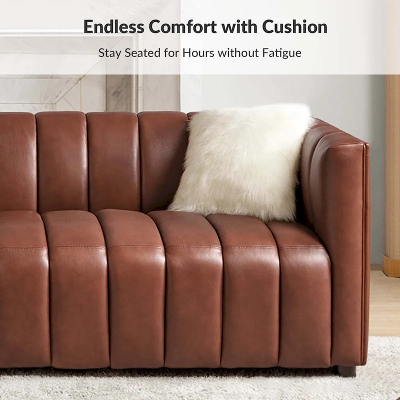 Modern Camel 83-Inch Genuine Leather Curved Couch with Channel Back