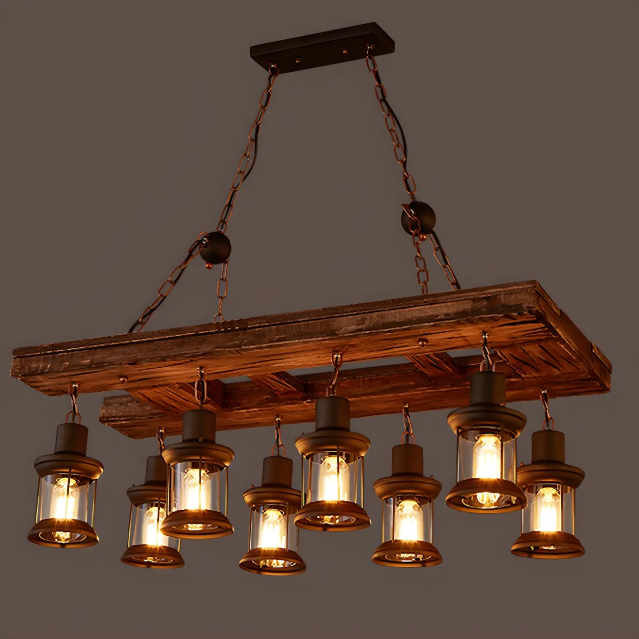 Industrial Farmhouse Metal Wood Rectangular Chandelier