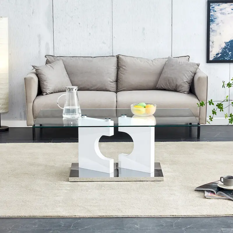 47.2 Modern Rectangular Coffee Table with Tempered Glass Tabletop and MDF Legs