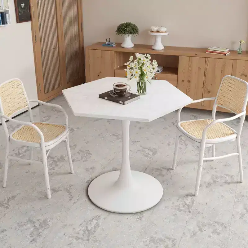 MAYEERTY 31.5 Modern Hexagonal Coffee Table with White Printed Marble Top and Metal Base for Dining Room Living Room White