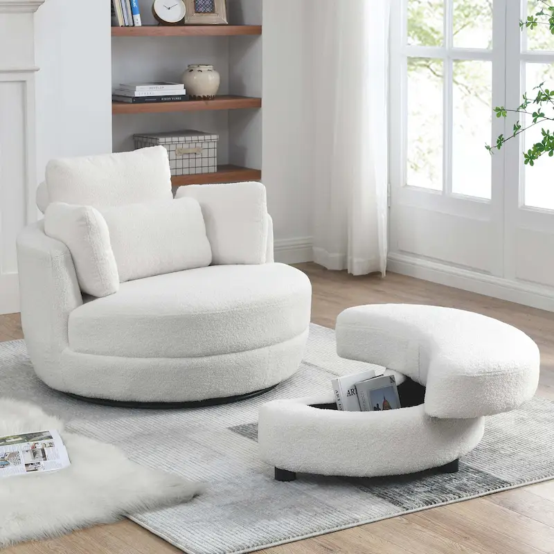Modern Round Swivel Barrel Loveseat Accent Chair with 4 Pillows & Storage Ottoman