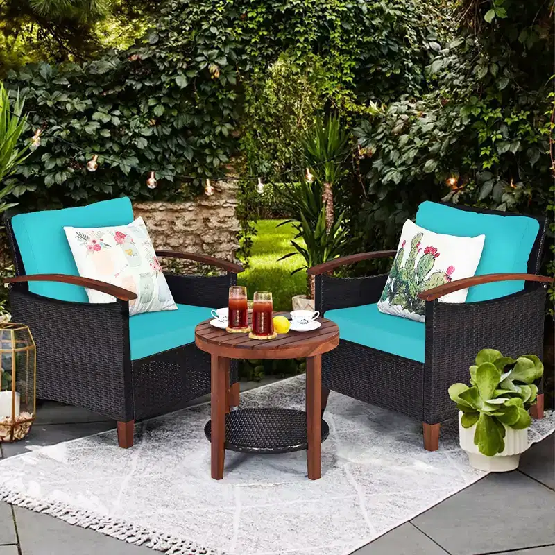 Costway 3PCS Patio Rattan Furniture Set Wooden Frame Cushion Table Shelf Red\Beige\Blue