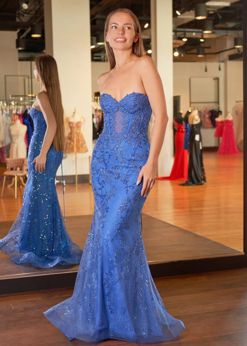 Black Sweetheart Lace Appliques Mermaid Long Prom Dresses