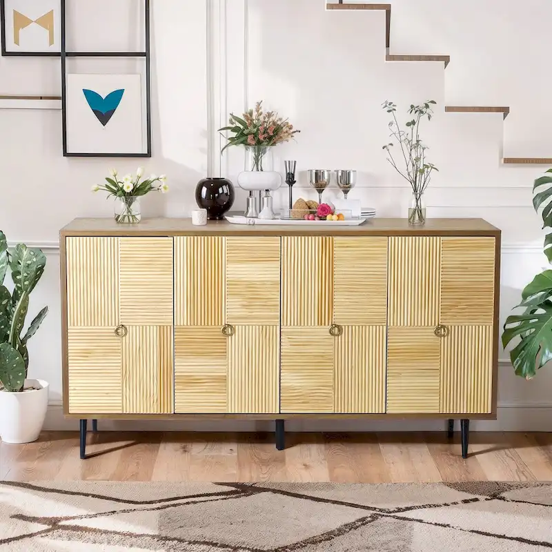 Brown / Black Retro 4-Door Cabinet — Double-Layer Storage