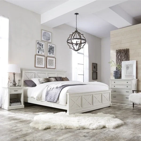King Bedroom Set 3-Piece X-Detail Bed Nightstand Chest Mahogany Veneer Farmhouse White