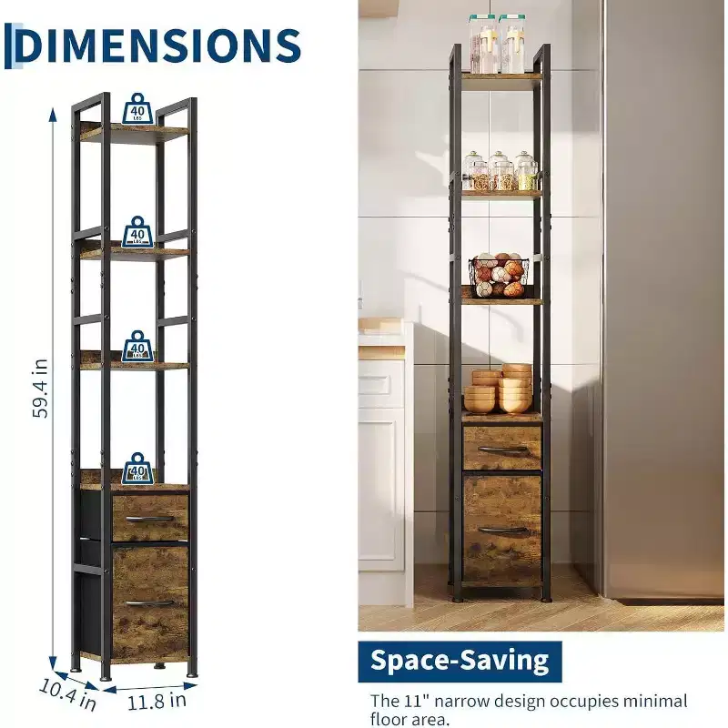 6 Tier Tall Bookshelf with Drawers, Modern Industrial Wood Bookcase with Steel Frame, Free Standing Display & Storage Shelves for Home Office