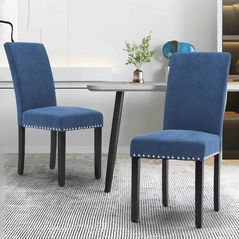Fabric Upholstered Nailhead Trim Parsons Dining Chairs Terry Cloth Set of 2