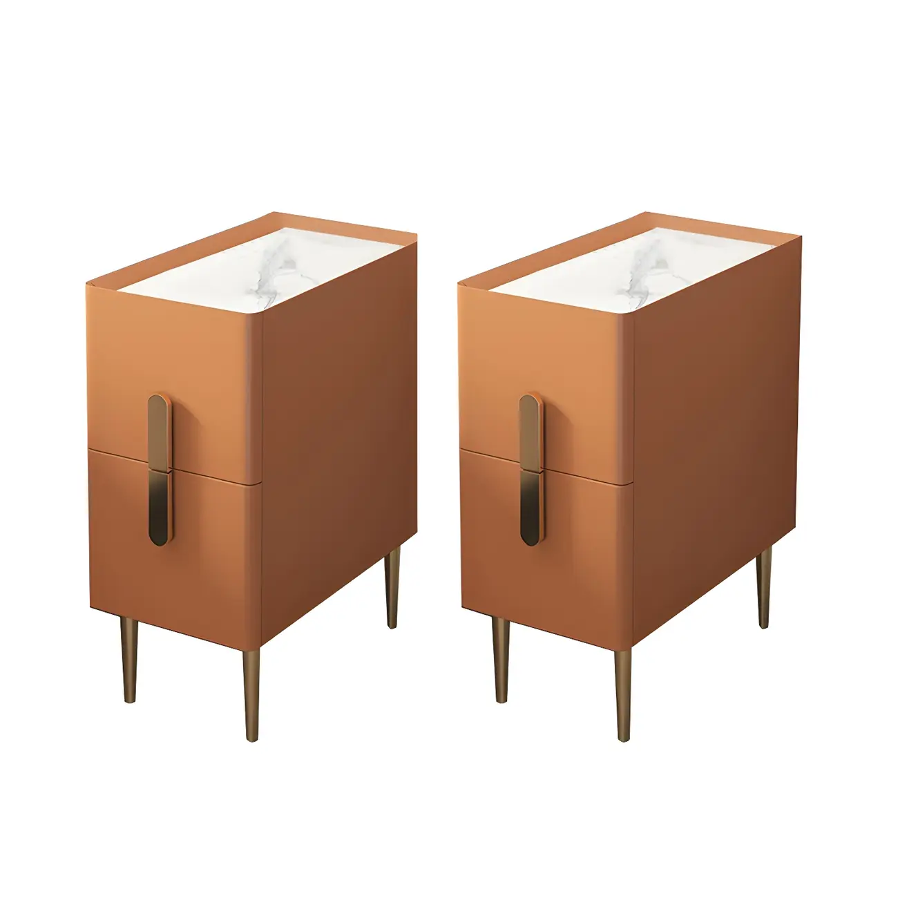 Modern Stone Countertop Faux Leather Nightstand with 2 Drawers