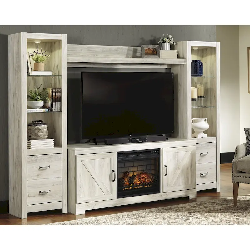 Signature Design by Ashley Bellaby Whitewash 4-Piece Entertainment Center with Electric Fireplace - 103.5W x 19.5D x 72.25H