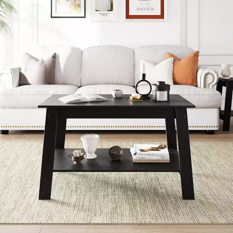 CuisinSmart Farmhouse Wood Coffee Table, with 2 Storage Shelves for Small Spaces, Modern Coffee Table