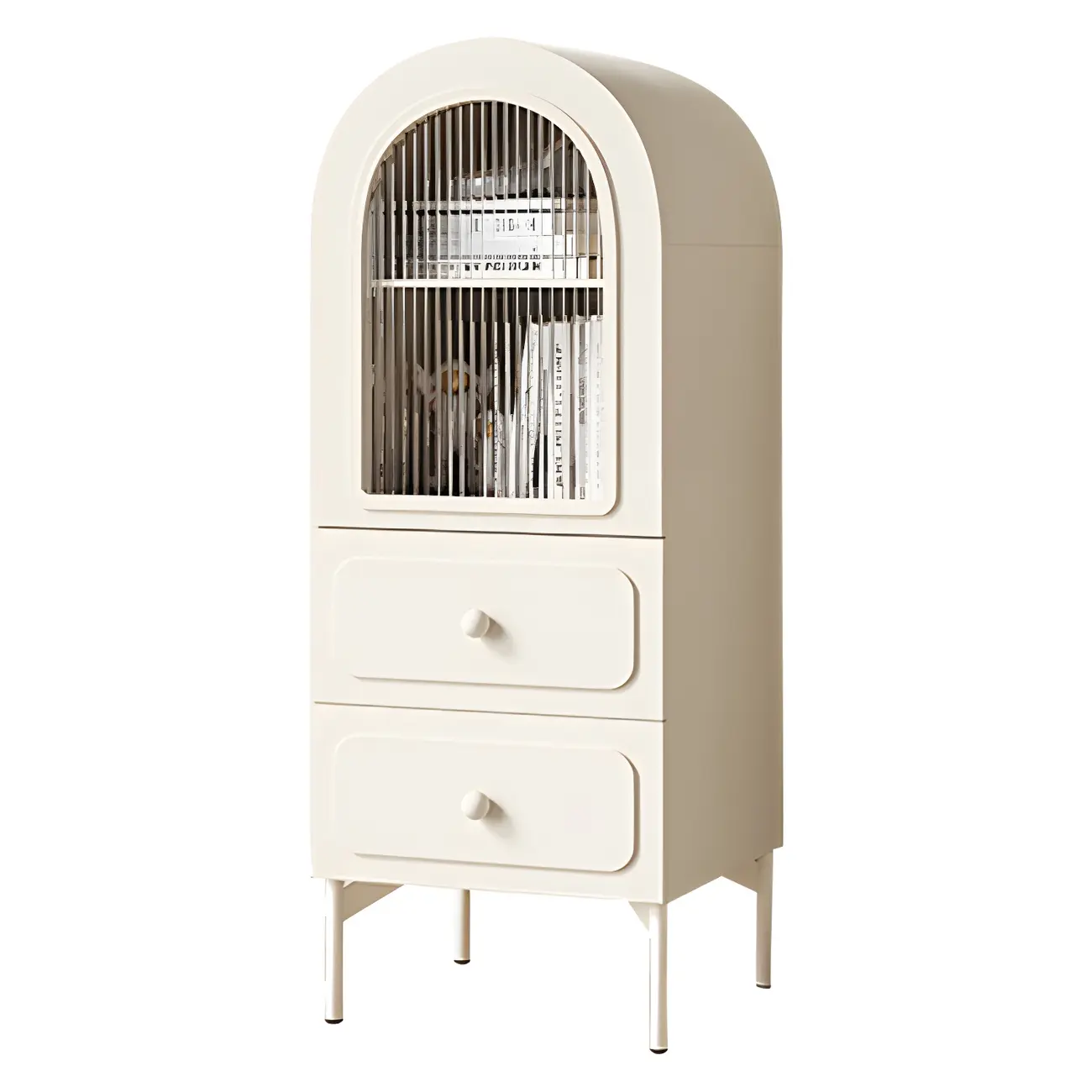 Scandinavian Arched White Wood Bookcase with Doors