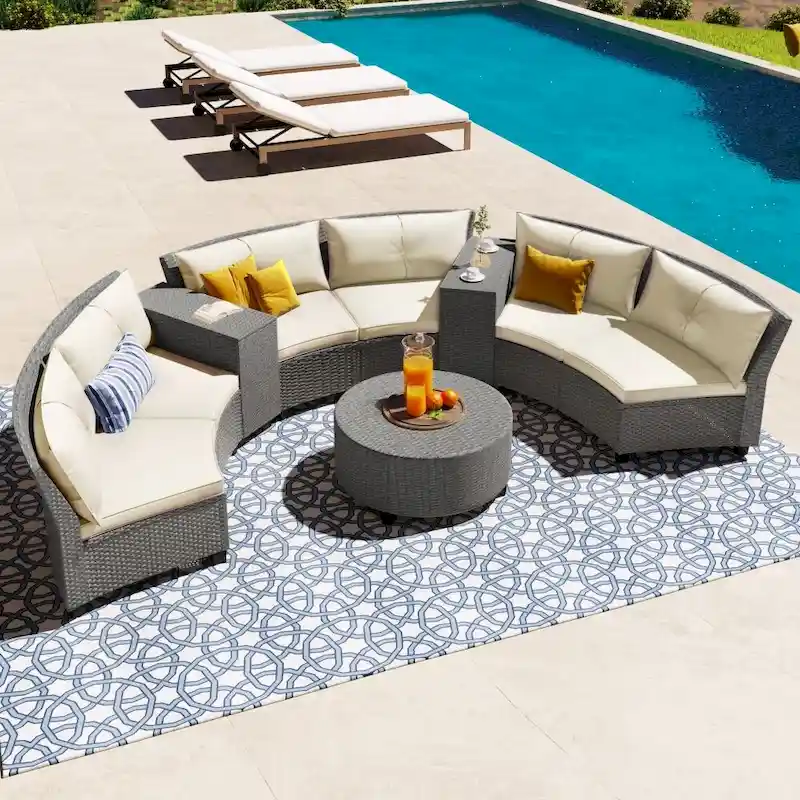 6-Person Garden Fan-shaped Rattan Suit Combination with Cushions and Table