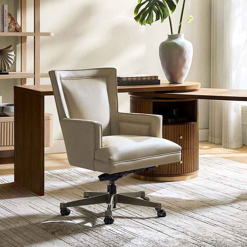 Genuine Leather Ergonomic Office Chair with Adjustable Height, Tilt Lock & Gold Steel Base | Beige / Gray | Single Seat