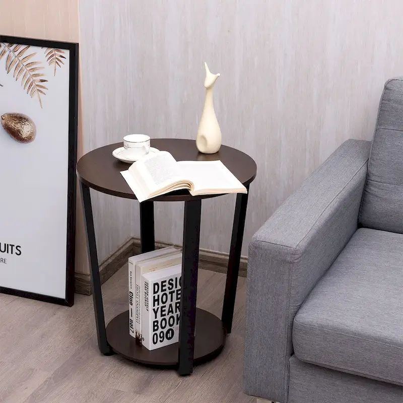 Set of 2 Industrial End Tables with 2-Tier Storage - Round Side Tables 19.5