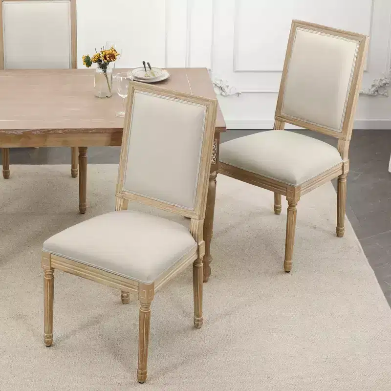 Furniliving French Country Dining Chairs Set of 2, Linen Upholstered with Solid Back Chairs for Kitchen, Restaurant, Farmhouse