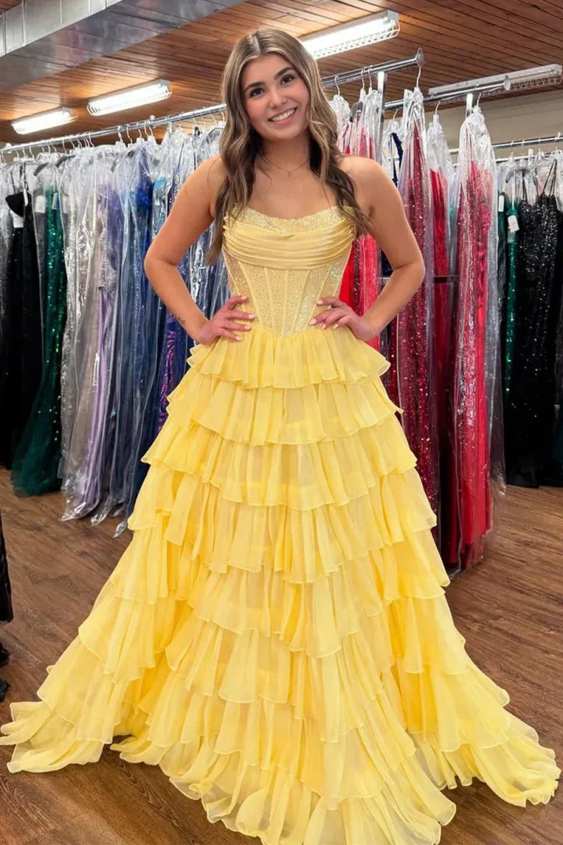 Yellow - A Line Strapless Chiffon Beaded Corset Long Prom Dress With Slit