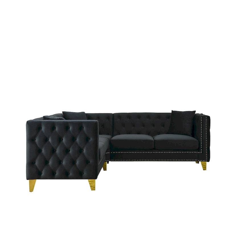 Black 82.2 Velvet Chesterfield L-Shaped 5-Seater Sectional Sofa with Nailhead Trim, Metal Legs, and Tufted Cushions