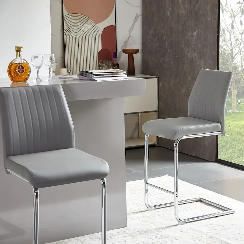 Light Grey Leather Bar Stool with Chrome Frame – Set of 2