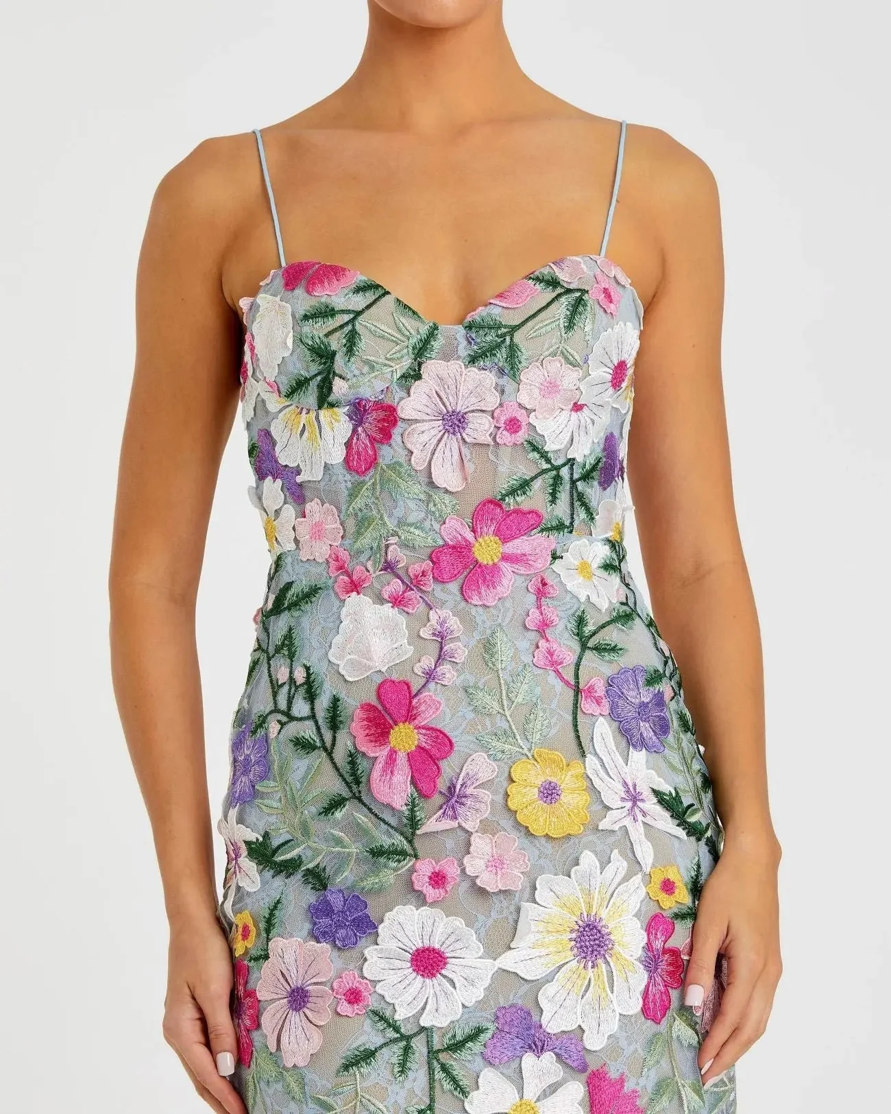 Green Floral Embroidered Sleeveless Bustier Gown