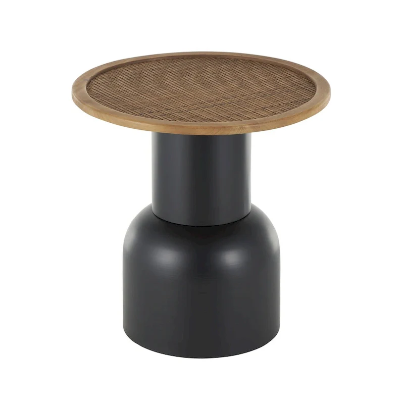 Handmade Round Rattan & Iron Accent Side Table – Black, Boho Style